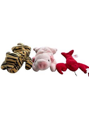 Set of 3 VINTAGE TY Animal Beanie Babies Pig Tiger Lobster 5.5-8.5" Tall (READ)